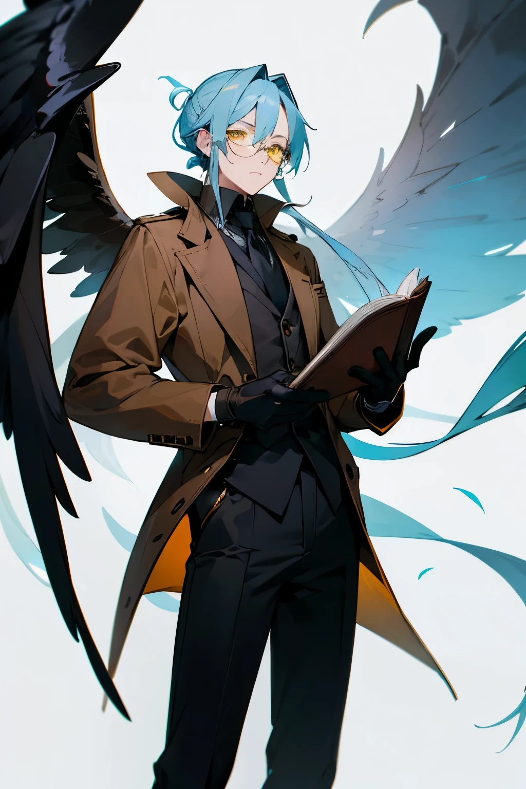 A man with long light blue hair tied up, yellow eyes, wearing a , brown jacket, black pants, with a book on his head, black wings, wearing glasses, wearing black gloves, HD picture, good art AI.