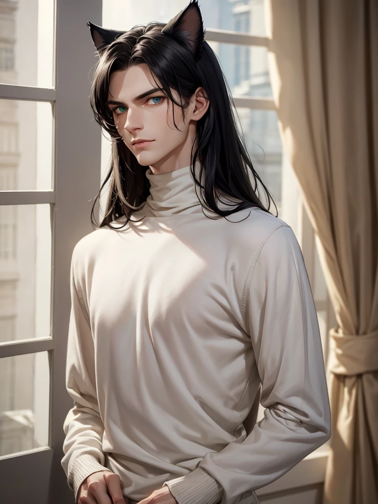 (best quality), 1boy, pale skin, black hair, medium hair, curtain hair, tousled hair, green eyes, perfect eyes, dark circles under eyes, tall, slender, handsome, strong jawline, lazy, light smile, attractive, (cat ears), turtleneck sweater, masterpiece, anatomically correct, highres
