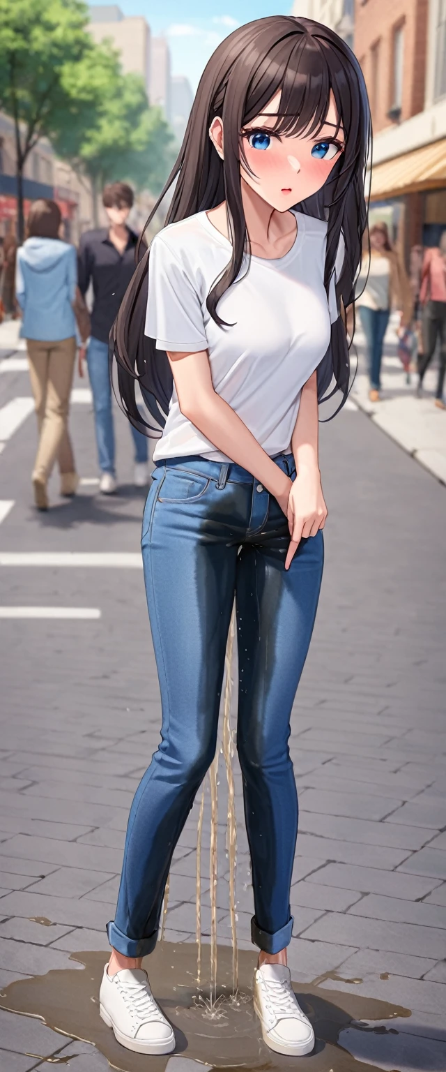 ((best quality, masterpiece:1.3, 8K)), (detailed), highly detailed face and skin texture, detailed eyes, downtown, full body, slender body, 1girl, 25 years old, white skin, blue eyes, bright lips, worried, embarrassed, long hair, (forehead:0.8), (stylish top:1.2), jeans pants, skinny jeans, blue jeans, footwear, peeing jeans, peeing pants, pee stain, (wetting herself:1.5), desperation,