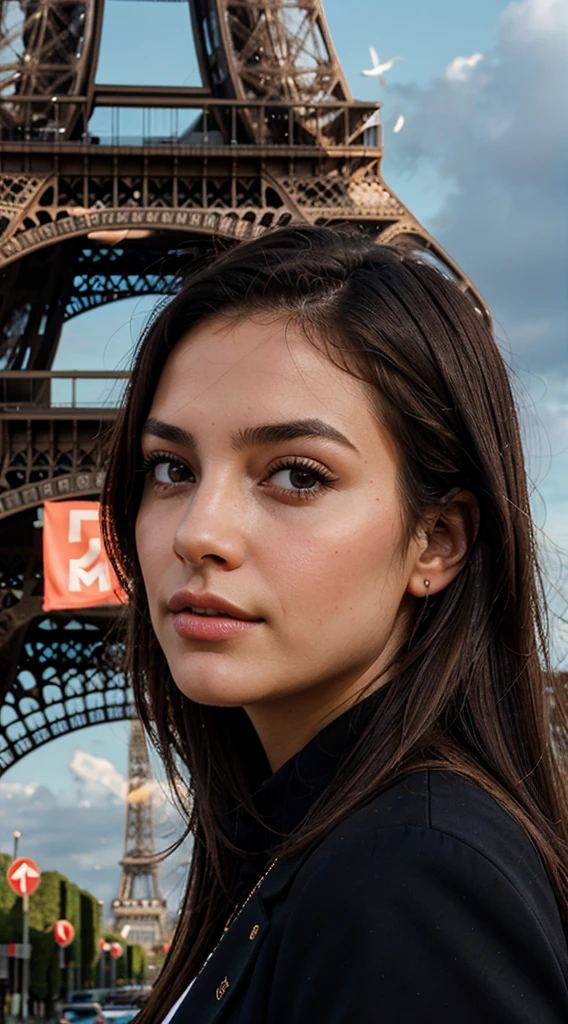 "Conducted a detailed analysis on an image in RAW format entitled 'REST OF THE DIGITAL DREFLEX (kkw-ph1:0.9)' featuring a young woman in her 20s. Describes her physical appearance as long brown hair. ojos, labios, and nariz. Check how the location of the Eiffel Tower in Paris in the background adds context and meaning to the image.