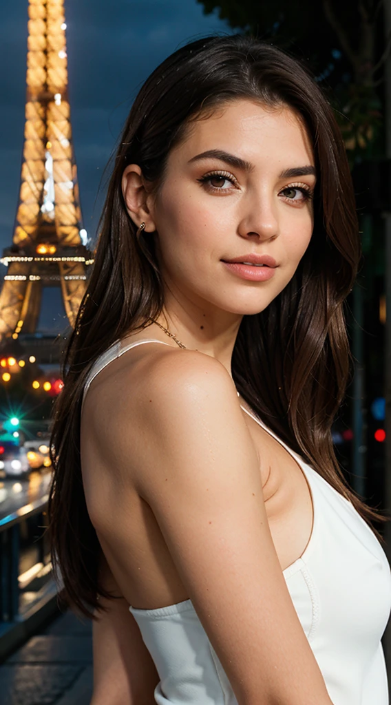 "Conducted a detailed analysis on an image in RAW format entitled 'REST OF THE DIGITAL DREFLEX (kkw-ph1:0.9)' featuring a young woman in her 20s. Describes her physical appearance as long brown hair. ojos, labios, and nariz. Check how the location of the Eiffel Tower in Paris in the background adds context and meaning to the image.