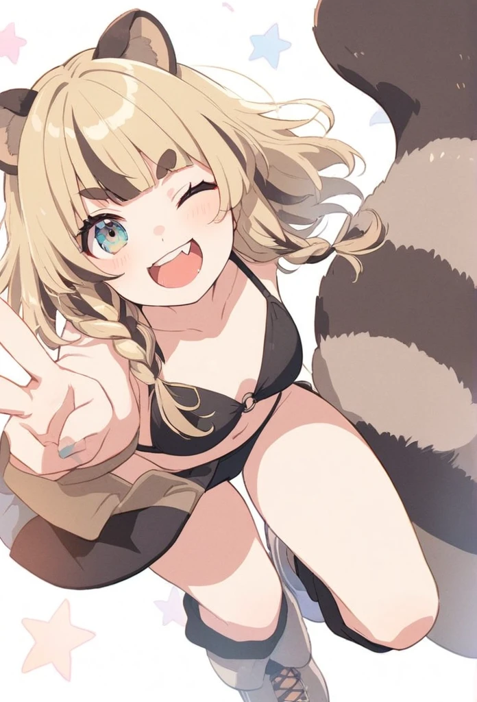 anime,(pale colors:1.8),long shot, 1girl, solo, (on right:1.3), full body, solo, grin, smile, closed one eye, dynamic angle, squating, v, fang, light yellow hair, racoon ears, racoon tail, (brown streaked hair:1.3), side braid, (blunt bangs), wavy hair,thick eyebrows, bikini, shortpants, cutout, (star background), 