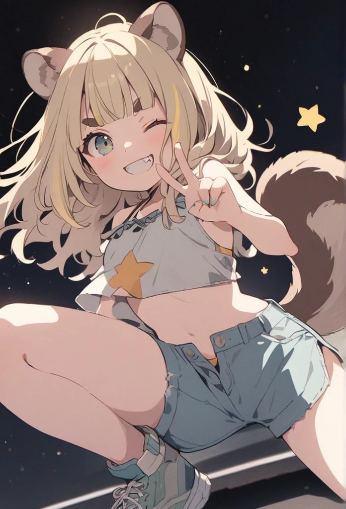 anime,(pale colors:1.8),long shot, 1girl, solo, (on right:1.3), full body, solo, grin, smile, closed one eye, dynamic angle, squating, v, fang, light yellow hair, racoon ears, racoon tail, (brown streaked hair:1.3), side braid, (blunt bangs), wavy hair,thick eyebrows, bikini, shortpants, cutout, (star background),