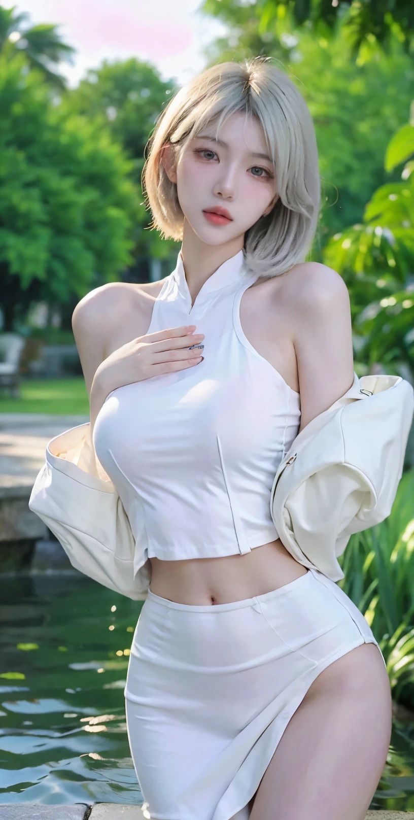 Beautiful woman with perfect figure:1.4，Ultra-high resolution，White legs，Put your hands behind your back，Swimming background，Big breasts：1.6，（Realism:1.4)，perspective，Layered hairstyle，Snow white skin，JK:1.5，Super short pleated skirt，whole body：1.4，Very delicate and skin texture，Double eyelids，Skin Whitening，Long hair，White hair
