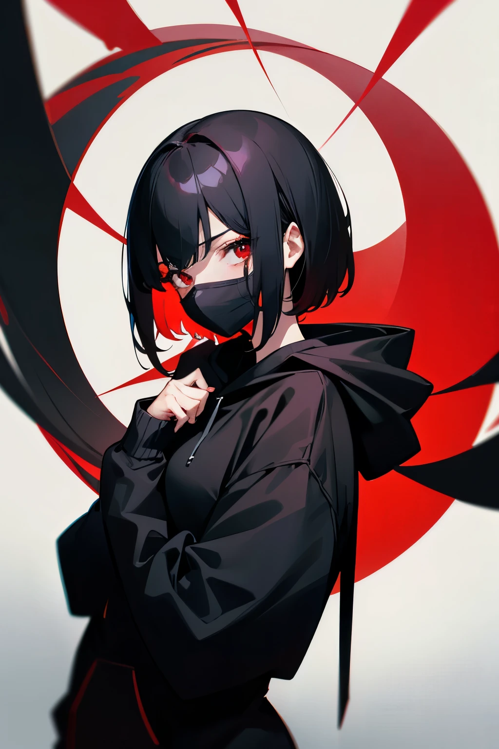 there is a girl, short black hair, red eyes, wearing a black mask, wearing a black hoodie, a nonchalant gaze, a hint of cherry color in her hair, HD picture, Good AI art.