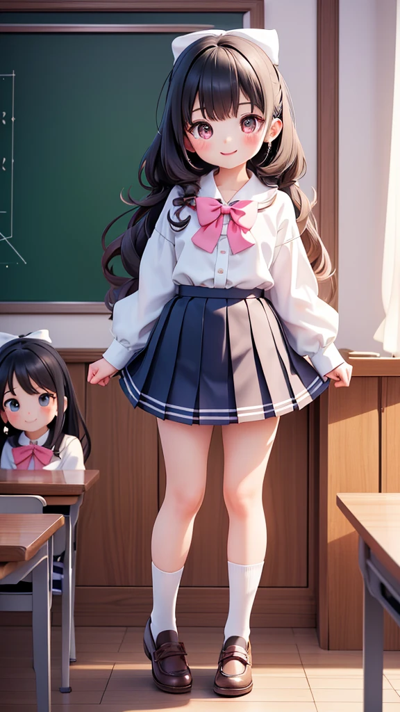 ((jk, 2girls)), (petite kawaii, bishojo), (cute, smiling), (scornful eyes), ((masterpiece)), (best quality), (ultra detailed), ((highres)), (exquisite), (depth), (high standard), (beautiful and aesthetic), (super detailed skin), (perfect anatomy), (full body), (blush), (blouse, school uniform), (socks), (big bow in hair), (lipstick), (class room), (perfect hand)