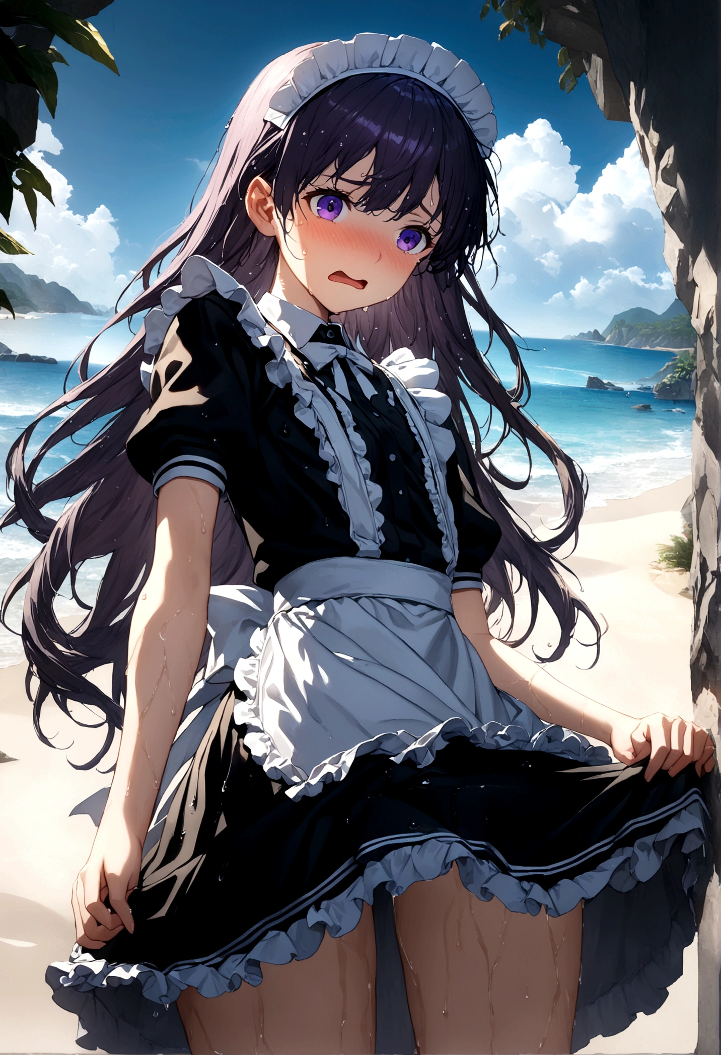 ((32k)), ((best quality)), ((ultra high res)), ((HDR)), ((UHD)), ((extremely detailed CG)), ((unity 32k wallpaper)), ((())), ((multicolored long hair)), purple eyes, (beach background), ((embarrassed)), (wet body), (wet hair), (peer in from below), (cowboy shot), (maid), (Maid clothes), (maid apron), 