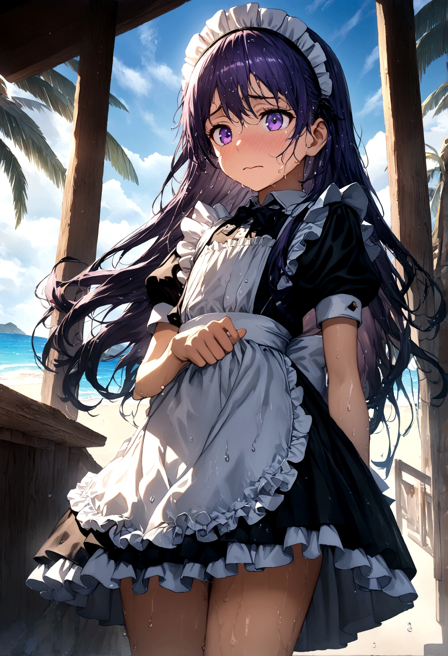 ((32k)), ((best quality)), ((ultra high res)), ((HDR)), ((UHD)), ((extremely detailed CG)), ((unity 32k wallpaper)), ((())), ((multicolored long hair)), purple eyes, (beach background), ((embarrassed)), (wet body), (wet hair), (peer in from below), (cowboy shot), (maid), (Maid clothes), (maid apron),