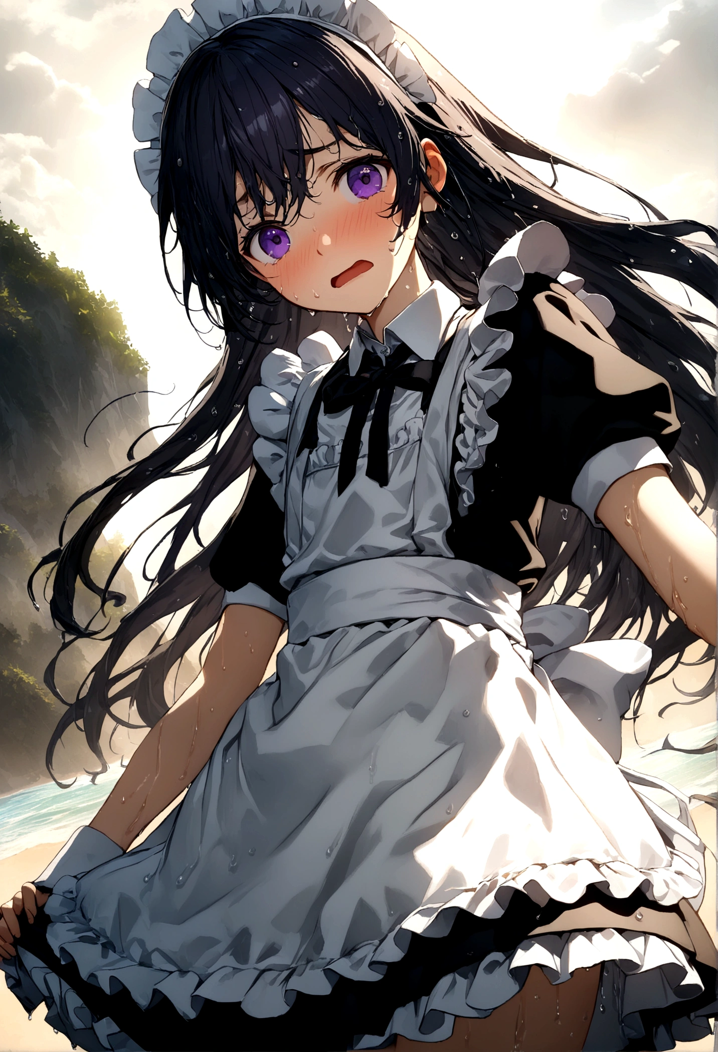 ((32k)), ((best quality)), ((ultra high res)), ((HDR)), ((UHD)), ((extremely detailed CG)), ((unity 32k wallpaper)), (((14 years old))), ((multicolored long hair)), purple eyes, (beach background), ((embarrassed)), (wet body), (wet hair), (peer in from below), (cowboy shot), (maid), (Maid clothes), (maid apron),