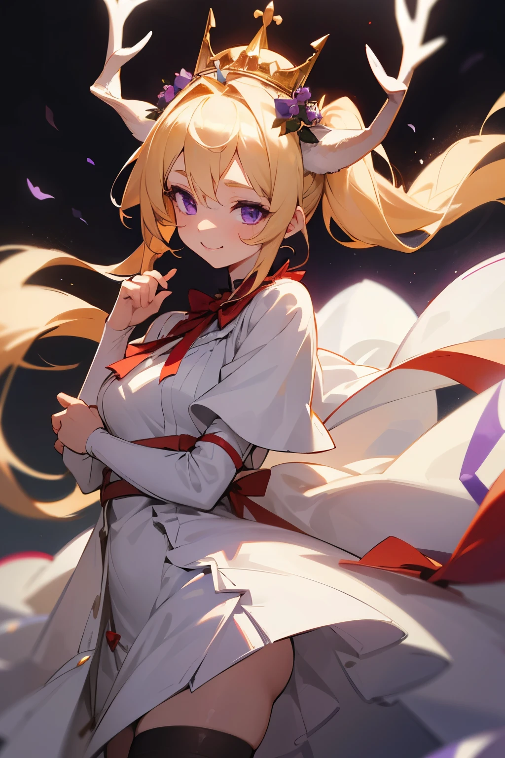 A girl, with blonde hair tied into two twintails, purple eyes, a cheerful face, wearing a plain white dress with a red ribbon, long brown stockings, has four white deer horns, and wearing a crown of black rose flowers, HD picture, good AI art.