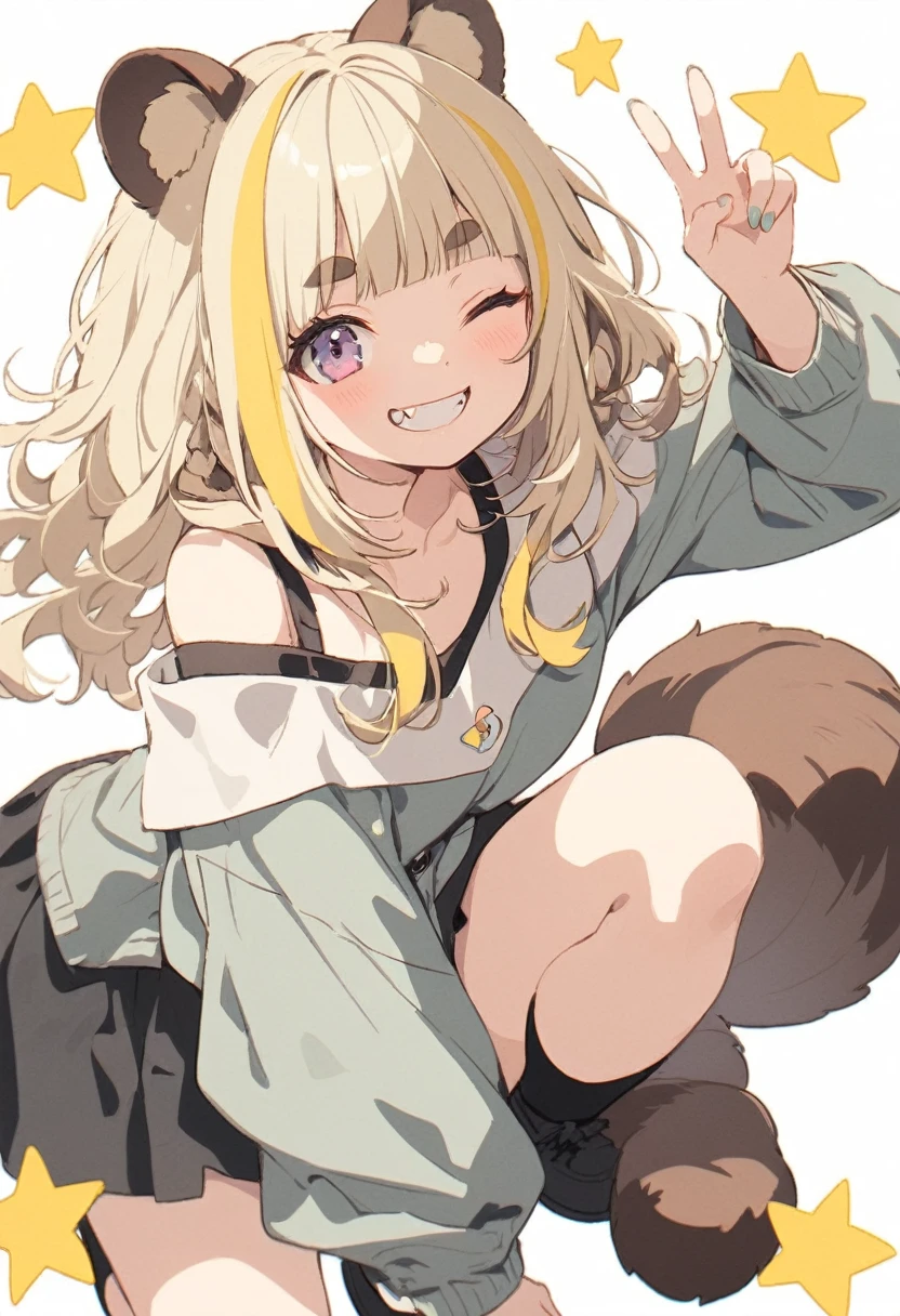 anime,(pale colors:1.8),long shot, 1girl, solo, (on right:1.3), full body, solo, grin, smile, closed one eye, dynamic angle, squating, v, fang, light yellow hair, racoon ears, racoon tail, (brown streaked hair:1.3), side braid, (blunt bangs), wavy hair,thick eyebrows, off shoulder clothes, cutout, (star background),