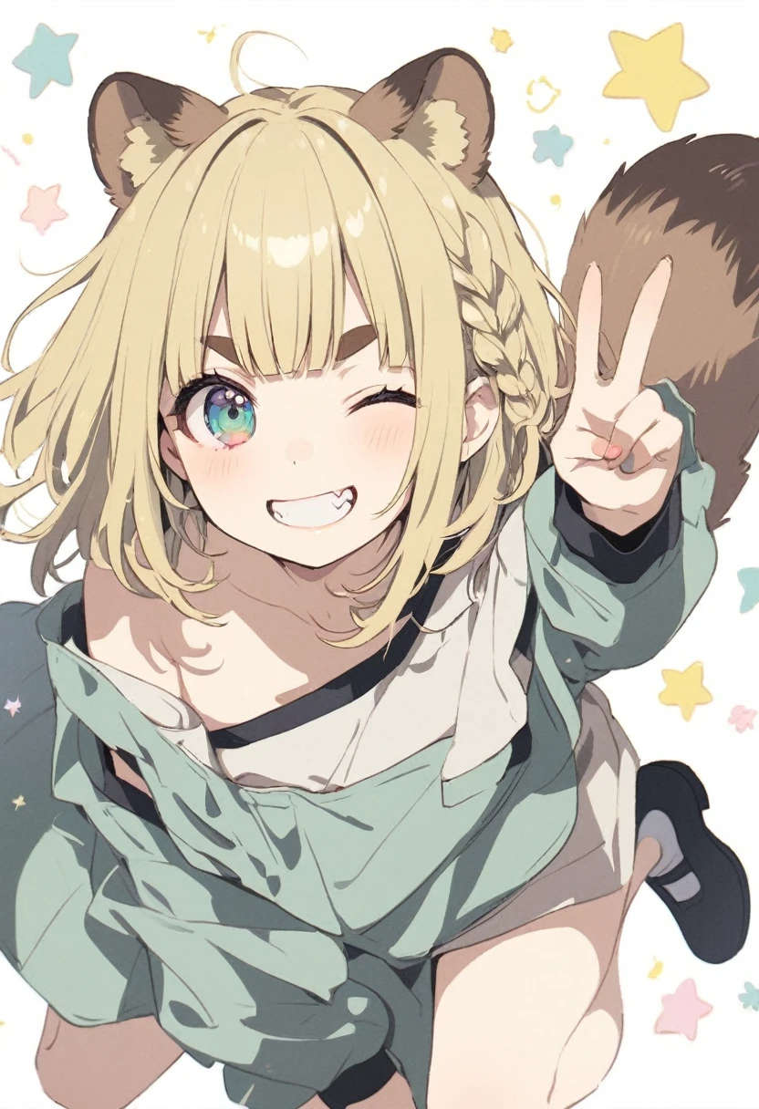 anime,(pale colors:1.8),long shot, 1girl, solo, (on right:1.3), full body, solo, grin, smile, closed one eye, dynamic angle, squating, v, fang, light yellow hair, racoon ears, racoon tail, (brown streaked hair:1.3), side braid, (blunt bangs), wavy hair,thick eyebrows, off shoulder clothes, cutout, (star background), 