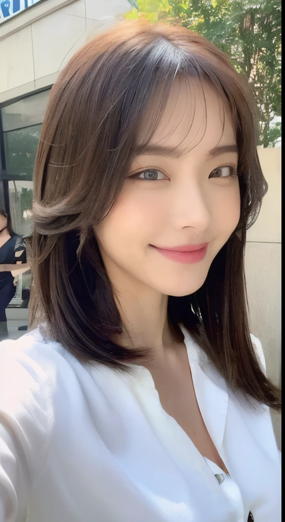 ((Best Quality, 8K, Masterpiece: 1.3)), Sharp Focus: 1.2, A Beautiful Woman with Perfect Figure: 1.4, Slim Abs: 1.2, (Layered Hairstyle,: 1.2)), (Wet White Button Long Shirt: 1.3), Rain: 1.3, Street: 1.2, Wet Body: 1.1, Highly Detailed Face and Skin Texture, Detailed Eyes, Double Eyelids, Big Breasts, Smile,