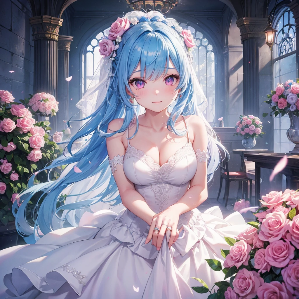 Sky blue hair, (Braided Ponytail),(Pink Eyes),Fair skin ,(whole body),(One girl),bride,A big smile,Straight bangs, 6月のbride,Wedding dress,(masterpiece, Highest quality, Very detailed, Best Shadow), (Detailed Background), (Beautifully detailed face), High Contrast, (Best lighting, Very delicate and beautiful), ((Cinematic Light)), colorful, Hyper Detail, Dramatic Light, Intricate details,Chapel background,Bouquet of roses,Ring on left ring finger,