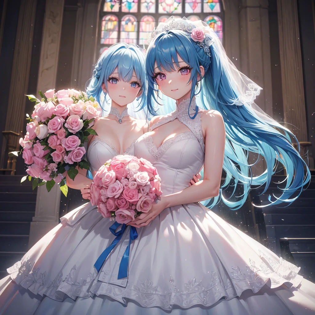Sky blue hair, (Braided Ponytail),(Pink Eyes),Fair skin ,(whole body),(One girl),bride,A big smile,Straight bangs, 6月のbride,Wedding dress,(masterpiece, Highest quality, Very detailed, Best Shadow), (Detailed Background), (Beautifully detailed face), High Contrast, (Best lighting, Very delicate and beautiful), ((Cinematic Light)), colorful, Hyper Detail, Dramatic Light, Intricate details,Chapel background,Bouquet of roses,Ring on left ring finger,
