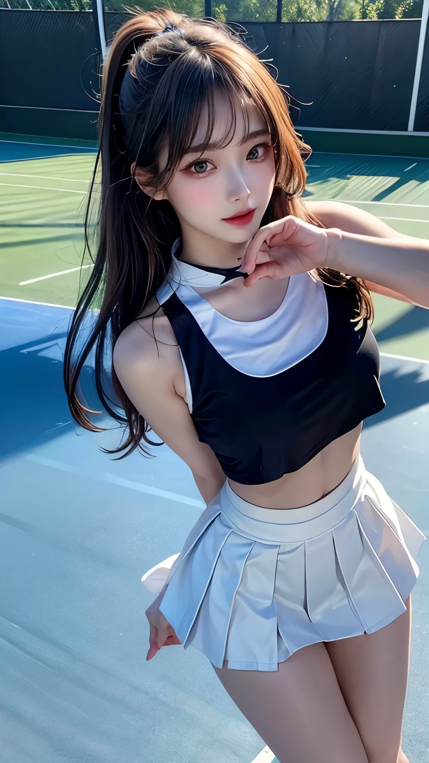 ((Best quality, 8k, Masterpiece :1.3)), Sharp focus :1.2, A pretty girl 24 years old with perfect figure :1.4, Slender abs :1.3, Raw photography、超A high resolution, full body, Ultra High Definition, (Photorealistic:1.4), Detailed Photo, Smiling, Sexy, Facing Camera, ((Close-up from below)), (Photorealistic), (1girl), Beautiful Face, (Realistic Face),Beautiful Hairstyle, Realistic eyes, beautiful detail eyes, (realistic skin), beautiful skin, (crop top), attractive, ultra high resolution, ultra realistic, high definition, golden ratio, high-reaster-piece、highest quality、Fine Skin、crisp focus、(Light like a movie)、gentle lighting、Dynamic angle, Highly detailed face and skin texture, Detailed eyes, Double eyelid,masterpiece, perfect makeup,(Huge breasts:1.1), ((Tennis player on tennis court, sleeveless crop top, miniskirt exposed panties, bare legs:1.2)), standing,