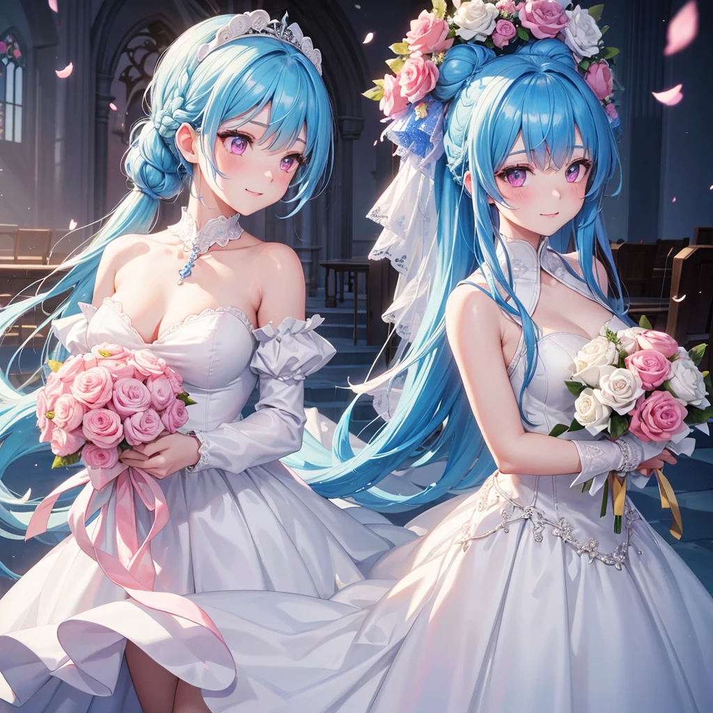 Sky blue hair, (Braided Ponytail),(Pink Eyes),Fair skin ,(whole body),(One girl),bride,A big smile,Straight bangs, 6月のbride,Wedding dress,(masterpiece, Highest quality, Very detailed, Best Shadow), (Detailed Background), (Beautifully detailed face), High Contrast, (Best lighting, Very delicate and beautiful), ((Cinematic Light)), colorful, Hyper Detail, Dramatic Light, Intricate details,Chapel background,Bouquet of roses,Ring on left ring finger,