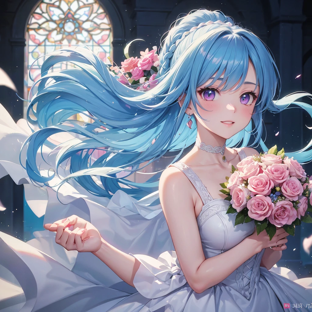 Sky blue hair, (Braided Ponytail),(Pink Eyes),Fair skin ,(whole body),(One girl),bride,A big smile,Straight bangs, 6月のbride,Wedding dress,(masterpiece, Highest quality, Very detailed, Best Shadow), (Detailed Background), (Beautifully detailed face), High Contrast, (Best lighting, Very delicate and beautiful), ((Cinematic Light)), colorful, Hyper Detail, Dramatic Light, Intricate details,Chapel background,Bouquet of roses,Ring on left ring finger,