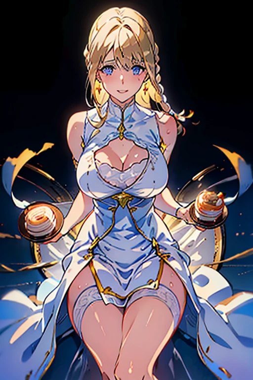 (from above:1.2),18 year old beautiful girl,Purplish blue eyes that dreamers desire,(Blonde hair) , small stature, (masutepiece:1.2, Best Quality),(finely detailed beautiful eye: 1.2),(beautifull detailed face),(perky chest:1.1),(pointed chest:1.2),(cakes magazine cover:1.5),(Best Illumination, extremely delicate and beautiful),sexy pose,Ultra Contrast,Braid a little around the ears, White long dress, (very detailed),(Raw photo, highest quality),(realistic, Photoreal:1.3), high detail, very detailed complex 3D rendering of face, (very detailed skin:1.2), dynamic angle, fire glow effect, professional lighting, side light, cinematic light, a super high resolution, 8K , best shadow, particles of light, Fine skin texture, detailed face, intricate details, Super detailed, shine, Please reconsider, full body,, beautiful face, shiny skin, thin, nice companion, delicate body, thin legs, cute apron, ((crawl on all fours:0.6)), beautiful back,little turn around, bend the body, the skirt is floating in the wind, Dark purple panties, thin Pubic hair ,highest quality, high resolution, Real World, Natural light, perfect Natural Light, ((the tip is protruding, areolas protruding)),Sweating,Wet,Wet crotch,Wet thighs,Realistic, (cute, perfect clothes: 1.3) ,narrow waist,(with sparkling eyes and a contagious smile), open mouth, looking at viewer,