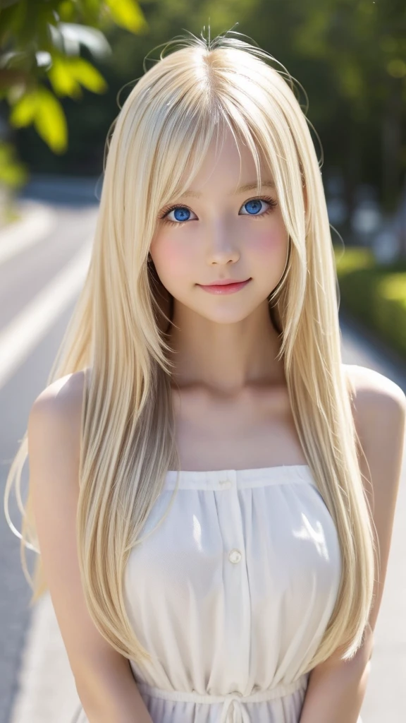 Shining, clear, white skin、Her windblown blonde hair hides her beautiful face、huge、28 years old cute sexy little beautiful face、Beautiful straight hair that stands out、growing up, Sparkling light blue eyes、long silky bangs that cover cute eyes, Sexy and cute young woman with super long hair hiding her sexy face、Super long, natural platinum blonde shiny hair, naked