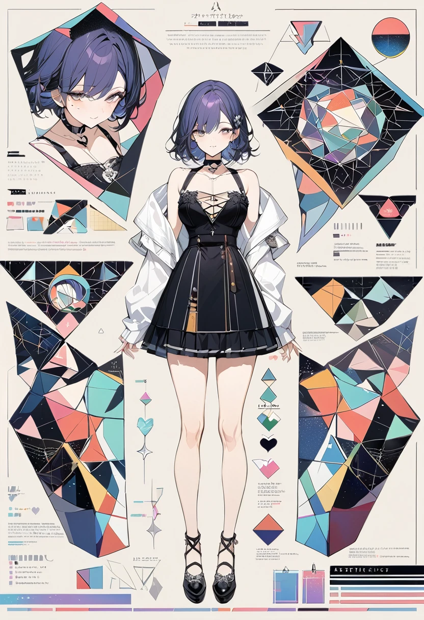 ,beautiful flower々）,Mole under the eye, Heart-shaped choker, (masterpiece, Highest quality), Official Art, beautifully、aesthetic: 1.2), (1 Girl), Very detailed, (Geometry Art: 1.3), colorful,character sheet,simple background