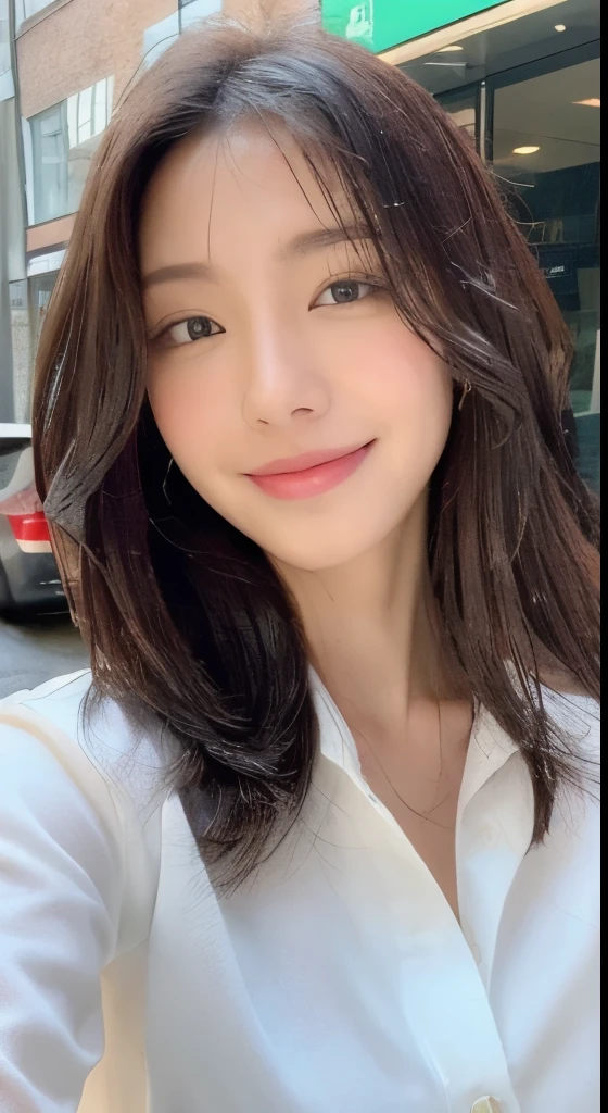 ((Best Quality, 8K, Masterpiece: 1.3)), Sharp Focus: 1.2, A Beautiful Woman with Perfect Figure: 1.4, Slim Abs: 1.2, (Layered Hairstyle,: 1.2)), (Wet White Button Long Shirt: 1.3), Rain: 1.3, Street: 1.2, Wet Body: 1.1, Highly Detailed Face and Skin Texture, Detailed Eyes, Double Eyelids, Big Breasts, Smile,
