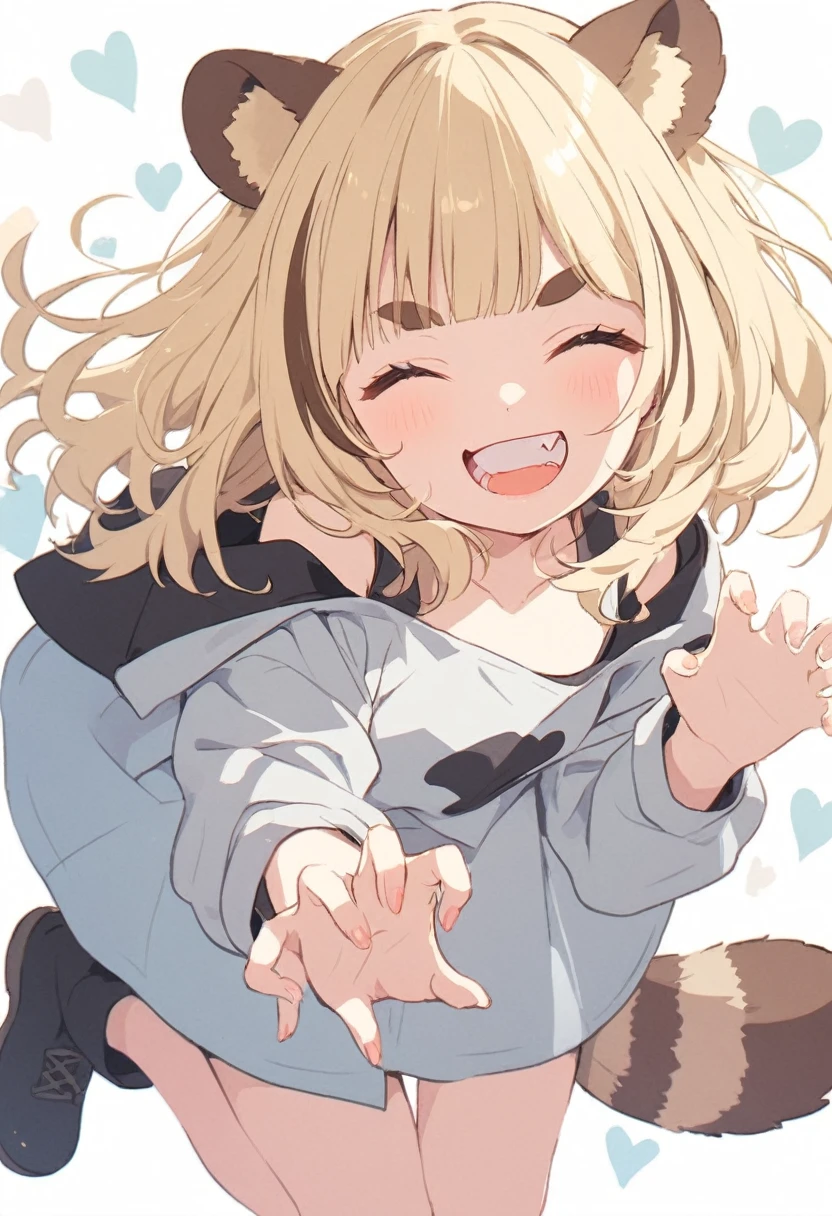 anime,(pale colors:1.8),long shot, 1girl, (on right:1.3), full body, solo, grin, smile, closed eyes, dynamic angle, jumping high, claw pose, fang, tongue,  light yellow hair, racoon ears, racoon tail, (brown streaked hair:1.3), side braid, (blunt bangs), wavy hair,thick eyebrows, off shoulder clothes, cutout, heart background, 