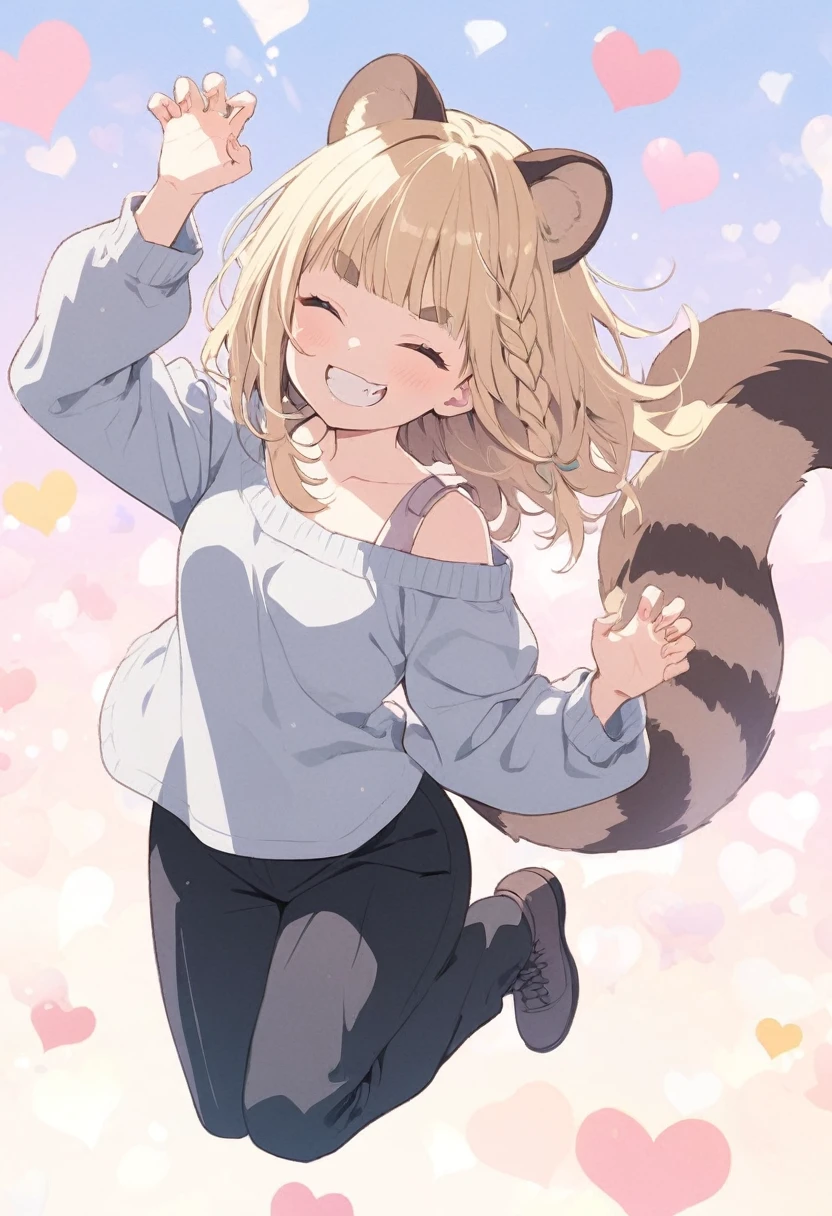 anime,(pale colors:1.8),long shot, 1girl, (on right:1.3), full body, solo, grin, smile, closed eyes, dynamic angle, jumping high, claw pose, fang, tongue, light yellow hair, racoon ears, racoon tail, (brown streaked hair:1.3), side braid, (blunt bangs), wavy hair,thick eyebrows, off shoulder clothes, cutout, heart background,