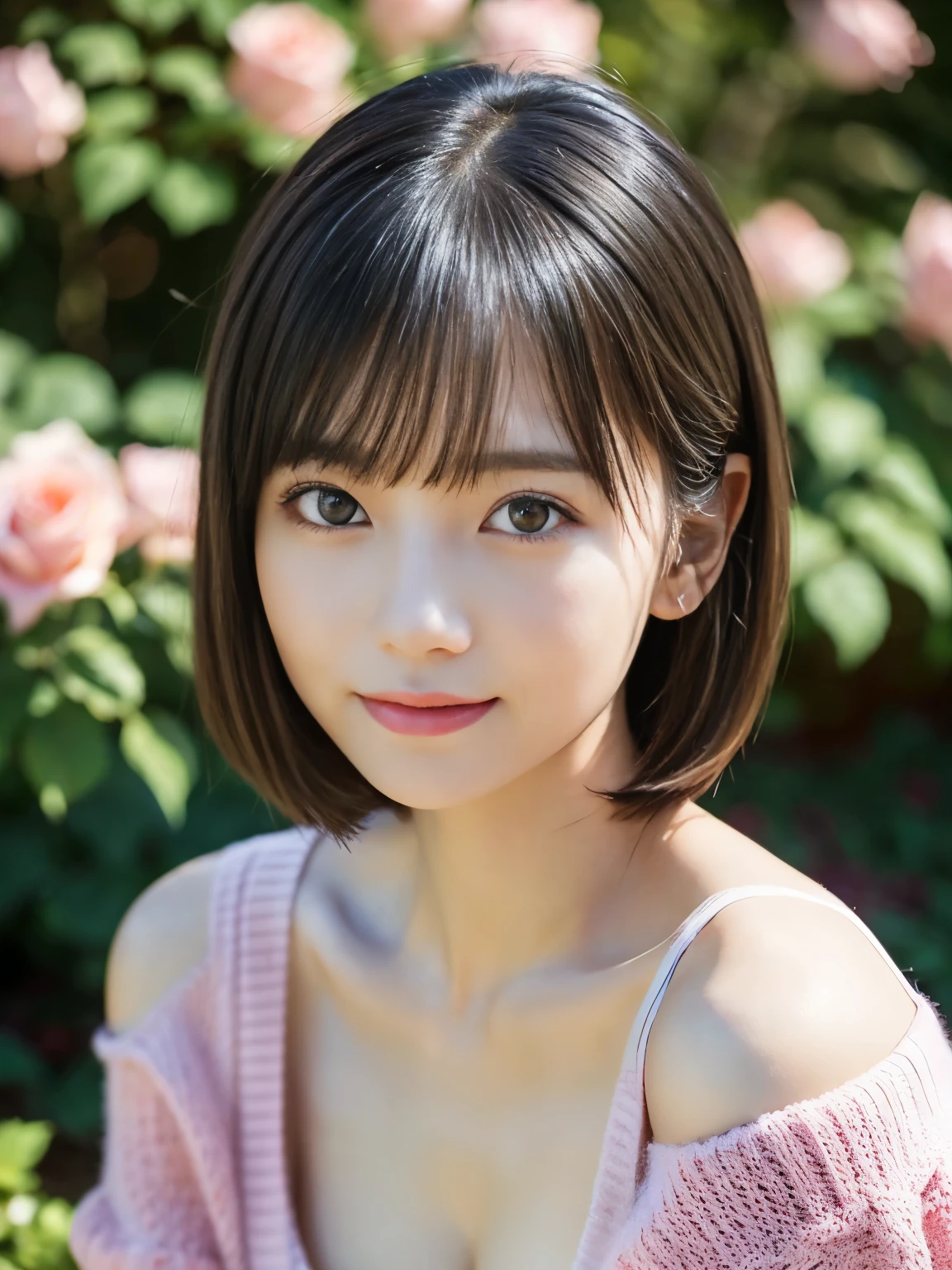 Medium Shot、((Upper Body))、(Highest quality:1.5)、(Realistic:1.5)、(1 person:1.5)、(Very detailed)、(High resolution)、8K、((Wear an off-the-shoulder sweater))、Slightly small chest、Natural color lips、Cute Smile、20-year-old girl、(beautiful and elaborate face)、(完璧でbeautiful顔)、(Big eyes)、(beautiful and elaborate face)、(beautiful, Balanced Eyes)、完璧でbeautiful二重まぶた、完璧でbeautiful顔、Arched eyebrows、 Thin eyebrows、Feminine poses、Slim face、Slim figure、beautiful and thin nose、 beautiful Skin、(Medium Bob Hair)、Natural Bangs、Fair skin、Front lighting、(Facial lighting)、(beautiful cleavage)、Deep blue eyes、Slim waistline、Sitting in a flowerbed in the garden、Garden with blooming roses、Bright red rose、