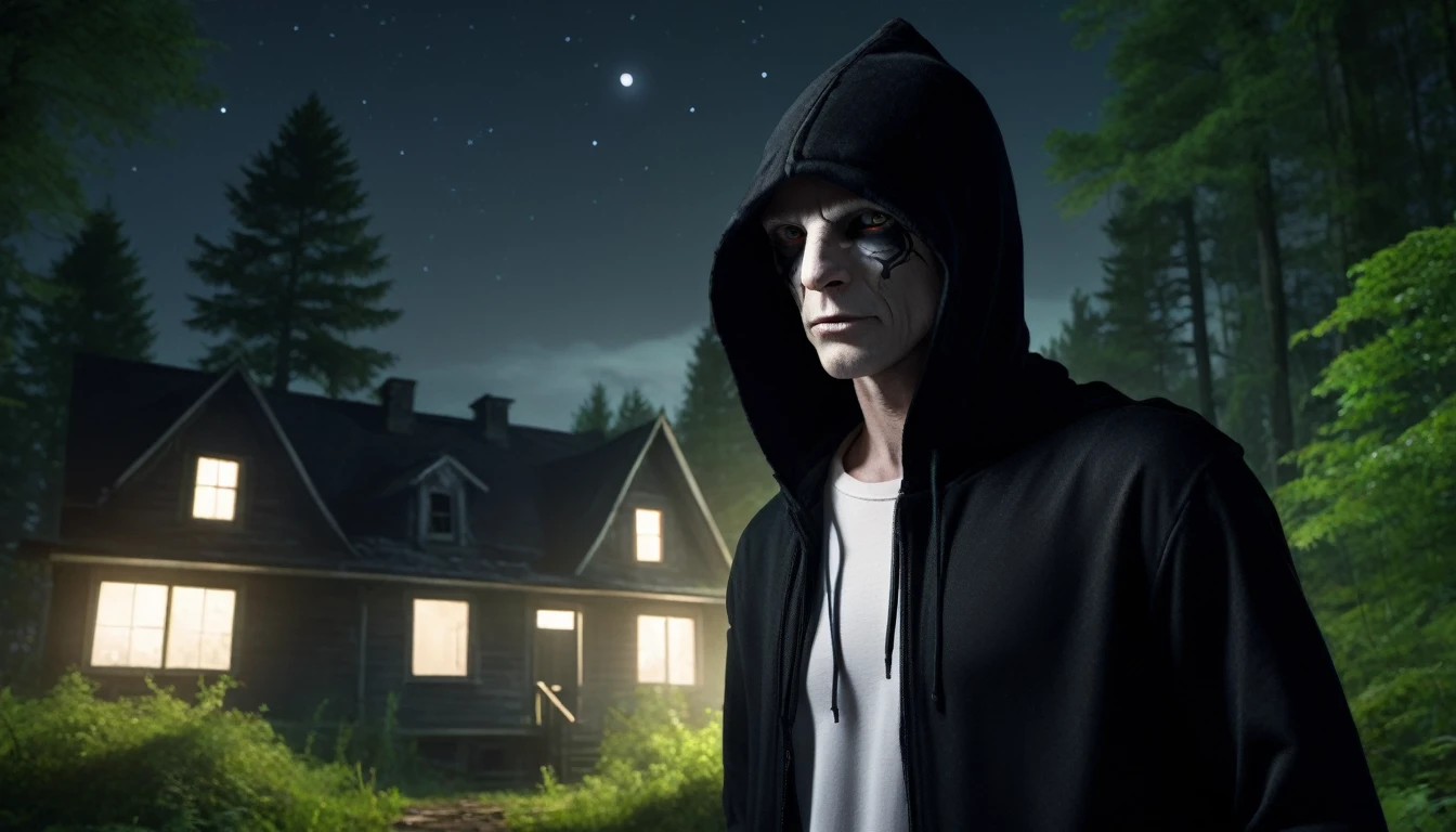 Image of a hairless man with white eyes dressed in a black outfit with a hood standing in front of an abandoned house in the forest at night ,PICTURE REALISTIC, high resolution, 8K 