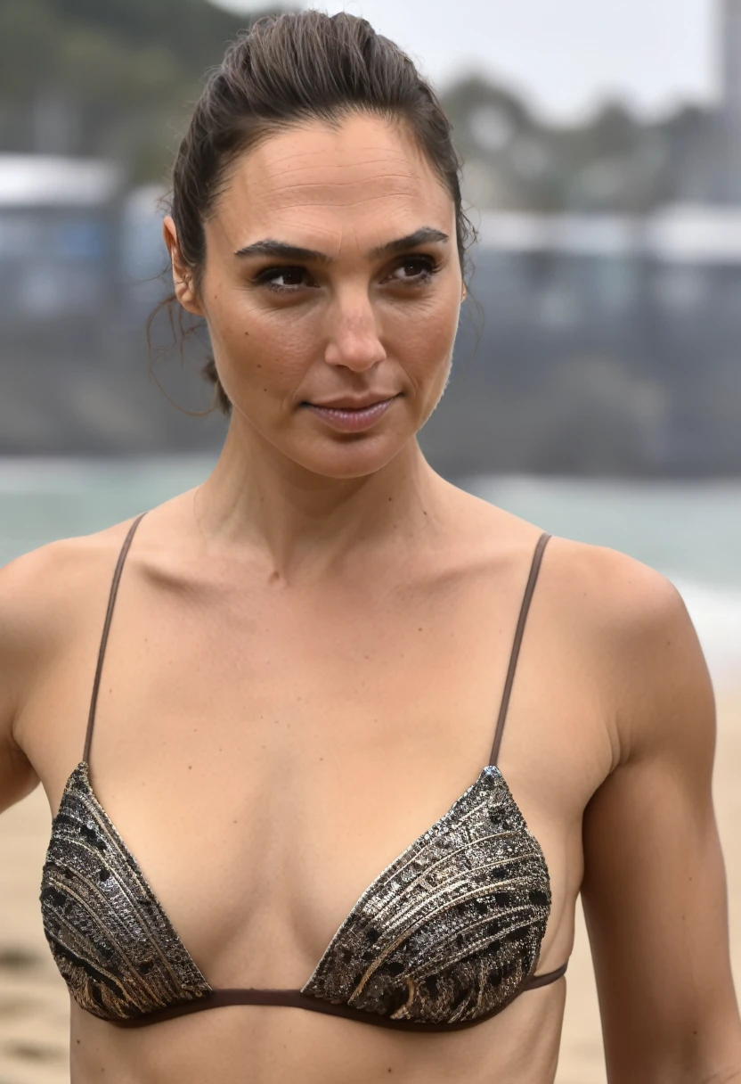 (high quality extremely Erotic photograph) (GalGadot , tired look, exhausted , 45yo woman, on a beach , pale skin tone ,( galxgadt, pony ,hair pulled back, hair bun, shiny breast , topless, show her detailed shiny breast ) photorealistic, oily skin texture , buttery brown skin ) ,celebrity erotic photograph , oily skin , shiny sweaty skin , celebrity, female, woman, hollywood actress, fleshy muscular woman , ( perfect anatomy ,natural lights, correct hands ,depth of field, insanely detailed skin texture, hyper detailed features, hyper photorealistic texture )
