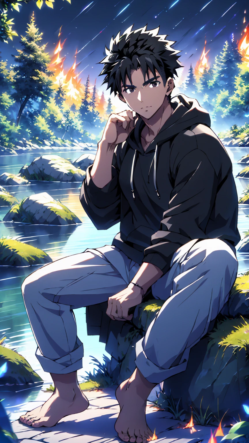 ((Highest quality)), ((masterpiece)), (detailed), Highest quality、High resolution、8K、Wearing a black hoodie、One adult male、33 years old、Dark Eyes、Slightly permed black hair、Japanese anime-like style、超High resolutionかわいい萌えアニメ8k、handsome face manly、Slender and muscular、barefoot、sitting on a stone、Spread your legs、night、Forest landscape、lake、darkness、Surrounded by lots of fireflieoonlight