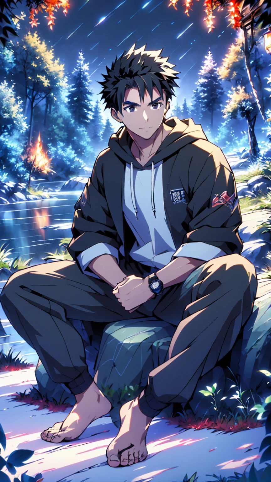 ((Highest quality)), ((masterpiece)), (detailed), Highest quality、High resolution、８K、Wearing a black hoodie、One adult male、33 years old、Dark Eyes、Slightly permed black hair、Japanese anime-like style、超High resolutionかわいい萌えアニメ8k、handsome face manly、Slender and muscular、barefoot、sitting on a stone、Spread your legs、night、Forest landscape、lake、darkness、Surrounded by lots of fireflieoonlight