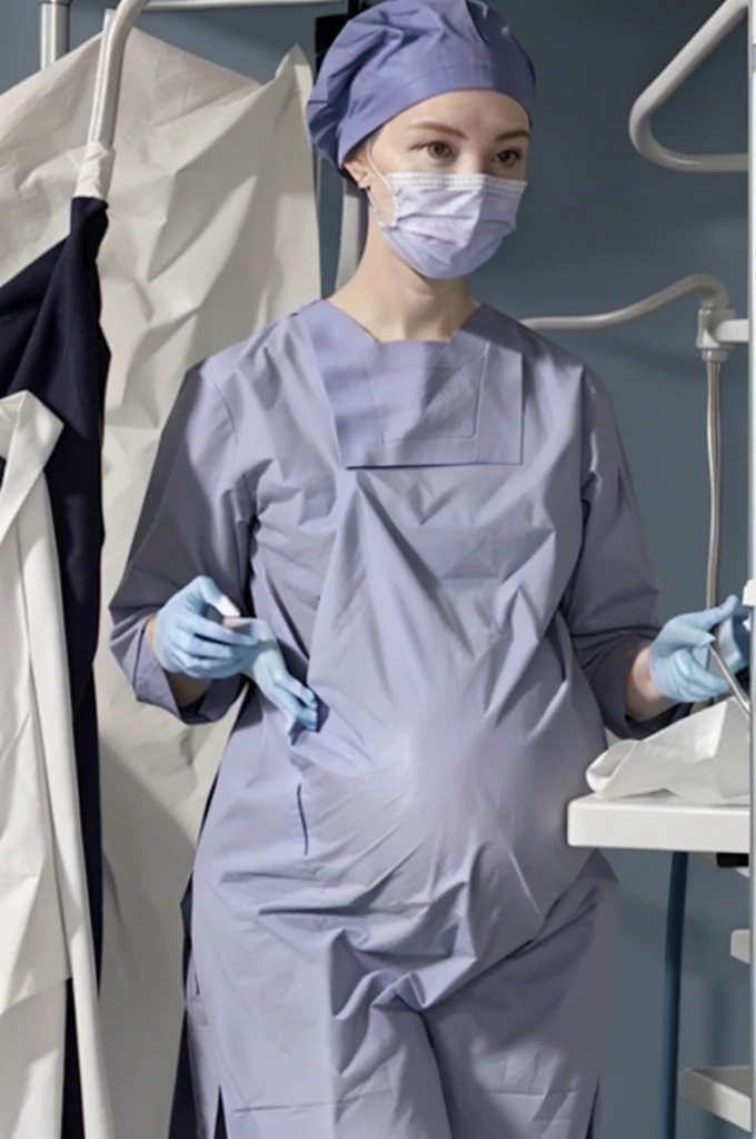 Score_9, Score_8_up, Score_7_up, highest quality, masterpiece, pale skin, surgical mask, surgical cap, long sleeve surgical gown, the dress is not crumpled, 9 pregnant, hide your hair completely,
1 girl, pregnant, solo, rubber gloves, looking down, operating bed, in the operating room, standing,