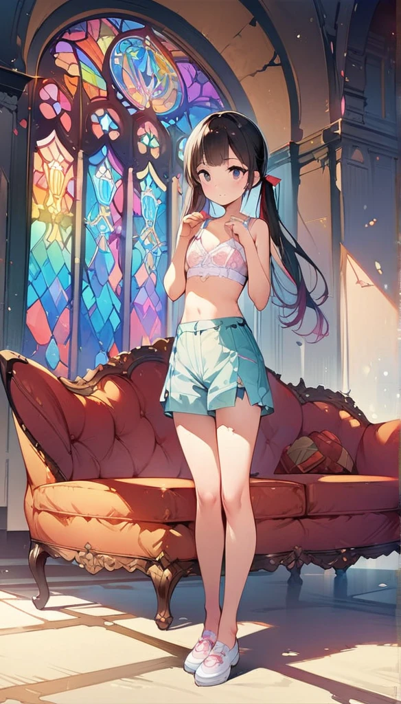 (masterpiece:1.8),(Highest quality:1.8),(Very detailed:1.8),(8k:1.8),(Ultra-fine Illustration:1.5),,,Straight low twintail,Flat Chest,Small Ass,(High-grade ,,lingerie:1.4),(Prayer Pose:1.5),Vintage sofa,,(Full body angle), Stained glass, Rainbow Gradient, Foundation, (bra:1.3), (lingerie,culottes:1.3),