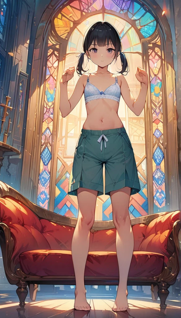 (masterpiece:1.8),(Highest quality:1.8),(Very detailed:1.8),(8k:1.8),(Ultra-fine Illustration:1.5),,,Straight low twintail,Flat Chest,Small Ass,(High-grade ,,lingerie:1.4),(Prayer Pose:1.5),Vintage sofa,,(Full body angle), Stained glass, Rainbow Gradient, Foundation, (bra:1.3), (lingerie,culottes:1.3),