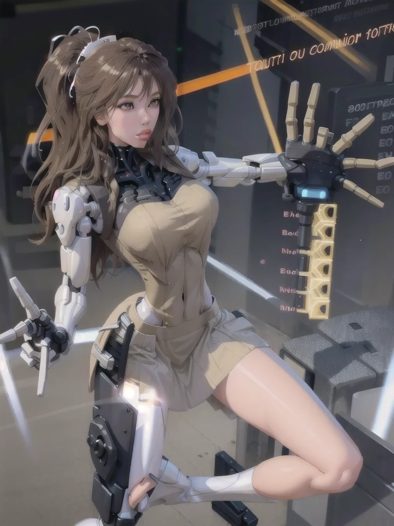 Woman body definition cybernetic body parts, thin waist, stockings, long skirt, mechanical