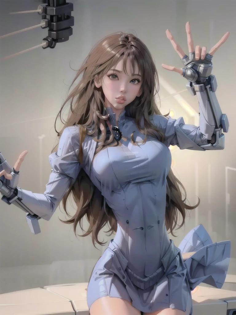 Woman body definition cybernetic body parts, thin waist, stockings, long skirt, mechanical