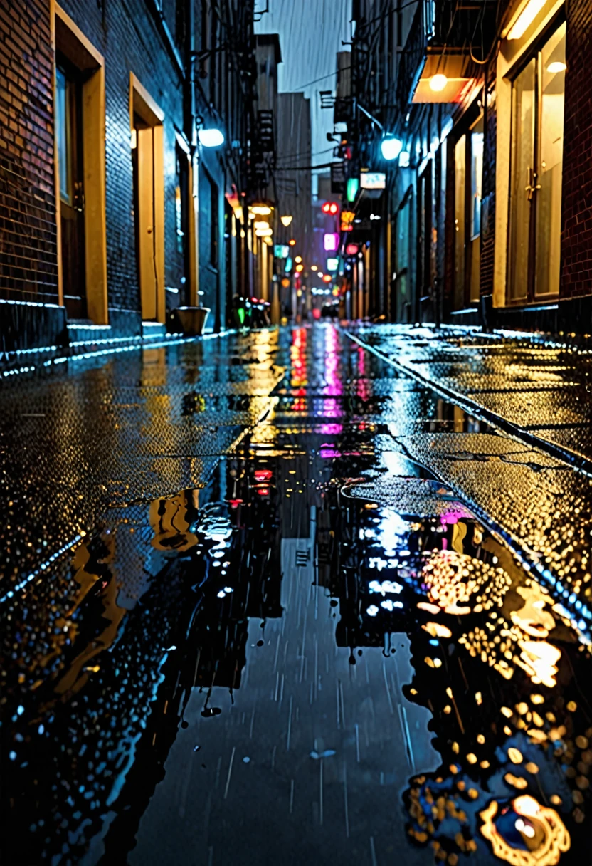 1. **Scene Setting:**
- Urban high-rise buildings with a narrow alleyway or space between them
- Dark environment at night or during twilight
2. **Rain Depiction:**
- Intense rainfall, depicting a heavy downpour
- Raindrops hitting and sliding down glass windows, bouncing off the ground, and collecting in puddles
3. **Lighting and Colors:**
- Reflections of city lights on wet surfaces and windows
- Bright streetlights, neon lights, and their reflections on rain-soaked ground
- Contrast between the dark cityscape and illuminated rain
4. **Camera Perspectives:**
- **Ground-Level View:** Low angle looking up from the ground between the buildings, capturing raindrops falling from above and hitting the ground.
- **Top-Down View:** High angle looking down from above the buildings, showcasing the rain pouring into the narrow alleyway below.
- **Alleyway Perspective:** Side view from within the alleyway, focusing on rain cascading down walls and windows, and forming streams on the ground.
5. **Sound Effects (if needed):**
- Sound of raindrops hitting different surfaces
- Echoes of rain in the alleyway
- Background noise of the distant city
**Detailed Prompt Example:**
"A nighttime urban scene with heavy rain pouring into a narrow alleyway between high-rise buildings. From a ground-level view, show raindrops falling from above and splashing onto the ground. From a top-down view, capture the rain streaming into the alley from above. Include an alleyway perspective where rain cascades down walls and windows, forming streams on the ground. The city lights reflect on wet surfaces, with streetlights and neon lights casting bright reflections on the rain-soaked ground. The camera angles offer diverse perspectives, creating a dramatic and immersive experience with realistic lighting and rain effects."