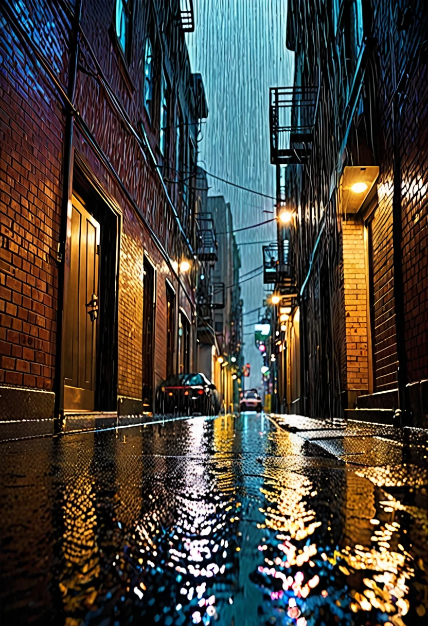 1. **Scene Setting:**
- Urban high-rise buildings with a narrow alleyway or space between them
- Dark environment at night or during twilight
2. **Rain Depiction:**
- Intense rainfall, depicting a heavy downpour
- Raindrops hitting and sliding down glass windows, bouncing off the ground, and collecting in puddles
3. **Lighting and Colors:**
- Reflections of city lights on wet surfaces and windows
- Bright streetlights, neon lights, and their reflections on rain-soaked ground
- Contrast between the dark cityscape and illuminated rain
4. **Camera Perspectives:**
- **Ground-Level View:** Low angle looking up from the ground between the buildings, capturing raindrops falling from above and hitting the ground.
- **Top-Down View:** High angle looking down from above the buildings, showcasing the rain pouring into the narrow alleyway below.
- **Alleyway Perspective:** Side view from within the alleyway, focusing on rain cascading down walls and windows, and forming streams on the ground.
5. **Sound Effects (if needed):**
- Sound of raindrops hitting different surfaces
- Echoes of rain in the alleyway
- Background noise of the distant city
**Detailed Prompt Example:**
"A nighttime urban scene with heavy rain pouring into a narrow alleyway between high-rise buildings. From a ground-level view, show raindrops falling from above and splashing onto the ground. From a top-down view, capture the rain streaming into the alley from above. Include an alleyway perspective where rain cascades down walls and windows, forming streams on the ground. The city lights reflect on wet surfaces, with streetlights and neon lights casting bright reflections on the rain-soaked ground. The camera angles offer diverse perspectives, creating a dramatic and immersive experience with realistic lighting and rain effects."