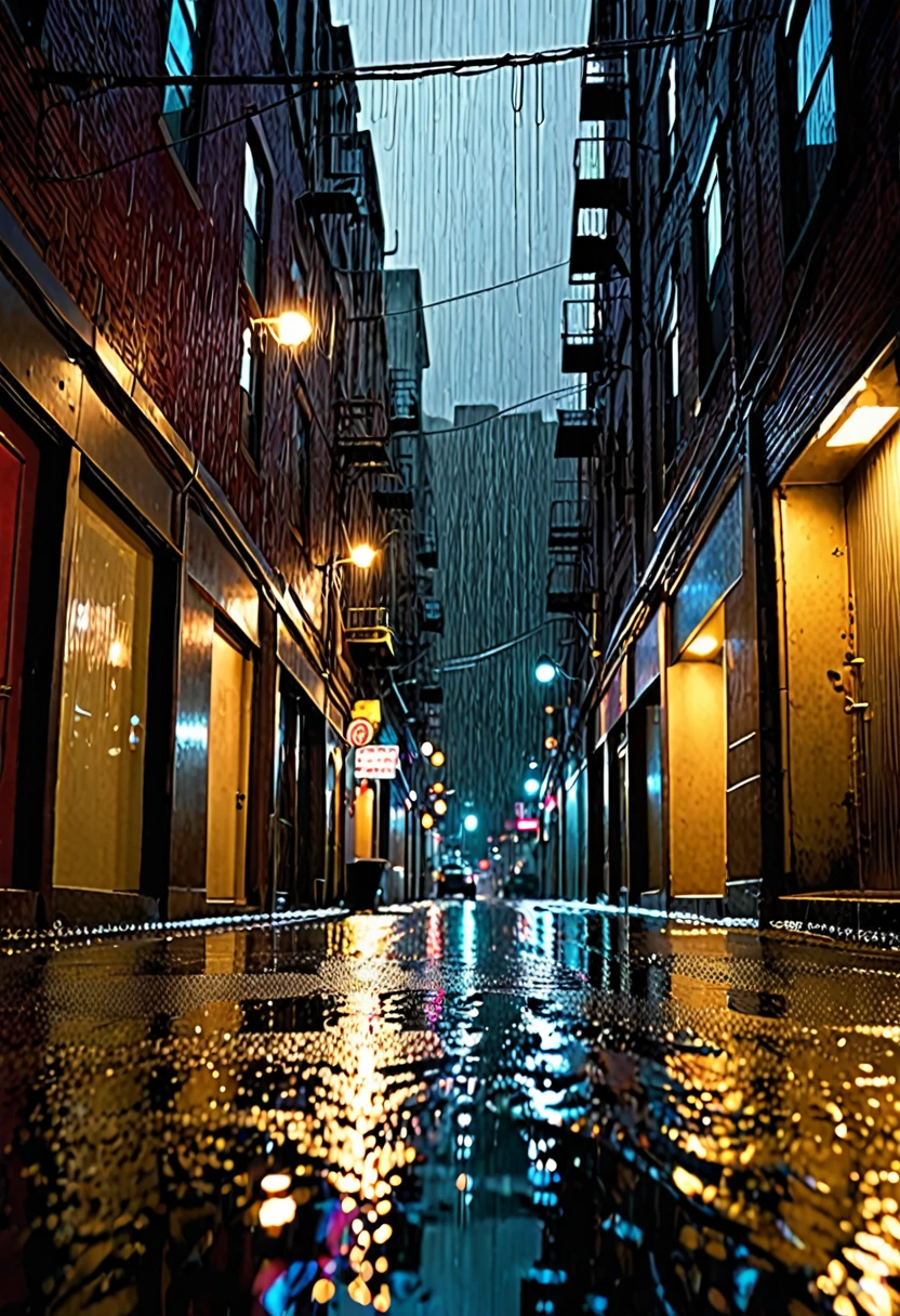 1. **Scene Setting:**
- Urban high-rise buildings with a narrow alleyway or space between them
- Dark environment at night or during twilight
2. **Rain Depiction:**
- Intense rainfall, depicting a heavy downpour
- Raindrops hitting and sliding down glass windows, bouncing off the ground, and collecting in puddles
3. **Lighting and Colors:**
- Reflections of city lights on wet surfaces and windows
- Bright streetlights, neon lights, and their reflections on rain-soaked ground
- Contrast between the dark cityscape and illuminated rain
4. **Camera Perspectives:**
- **Ground-Level View:** Low angle looking up from the ground between the buildings, capturing raindrops falling from above and hitting the ground.
- **Top-Down View:** High angle looking down from above the buildings, showcasing the rain pouring into the narrow alleyway below.
- **Alleyway Perspective:** Side view from within the alleyway, focusing on rain cascading down walls and windows, and forming streams on the ground.
5. **Sound Effects (if needed):**
- Sound of raindrops hitting different surfaces
- Echoes of rain in the alleyway
- Background noise of the distant city
**Detailed Prompt Example:**
"A nighttime urban scene with heavy rain pouring into a narrow alleyway between high-rise buildings. From a ground-level view, show raindrops falling from above and splashing onto the ground. From a top-down view, capture the rain streaming into the alley from above. Include an alleyway perspective where rain cascades down walls and windows, forming streams on the ground. The city lights reflect on wet surfaces, with streetlights and neon lights casting bright reflections on the rain-soaked ground. The camera angles offer diverse perspectives, creating a dramatic and immersive experience with realistic lighting and rain effects."