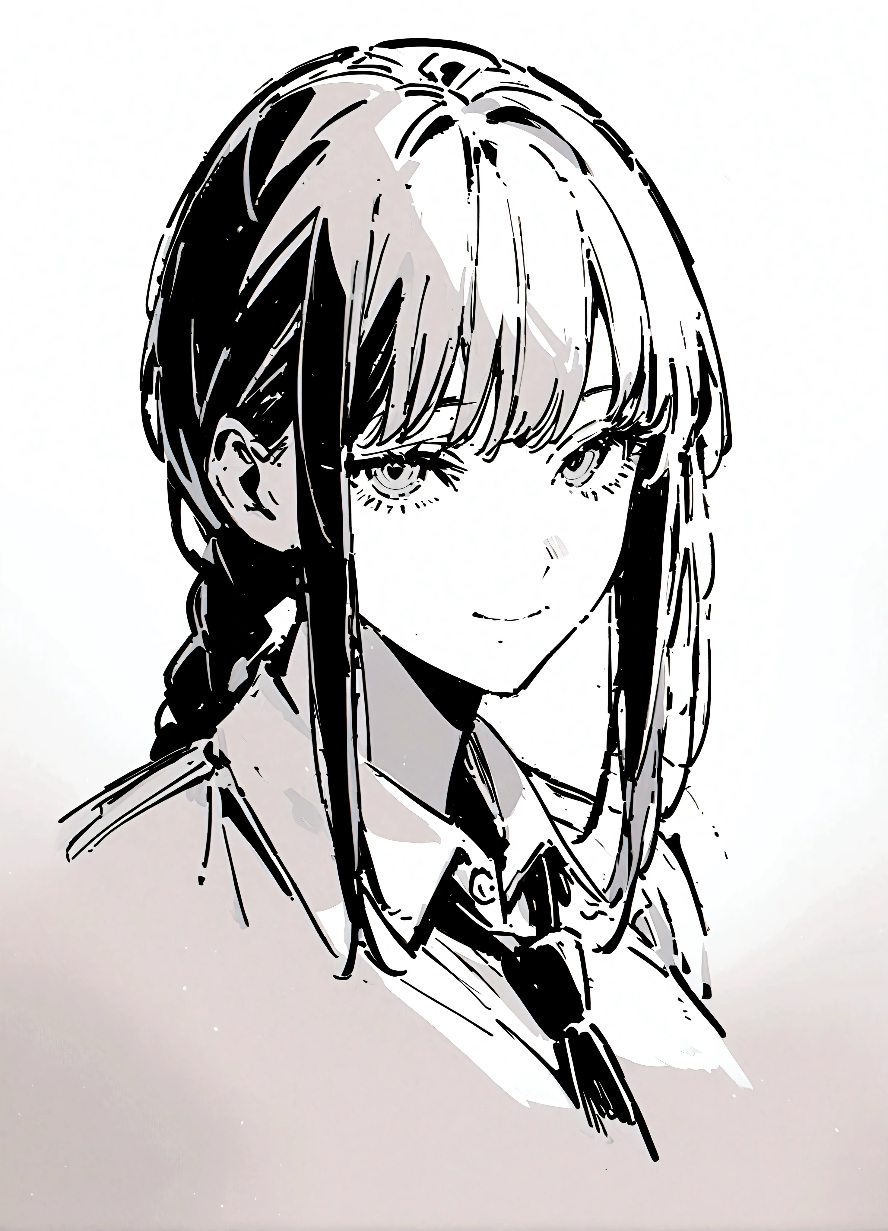 Anime girl with long hair and a tie in a black and white drawing ...