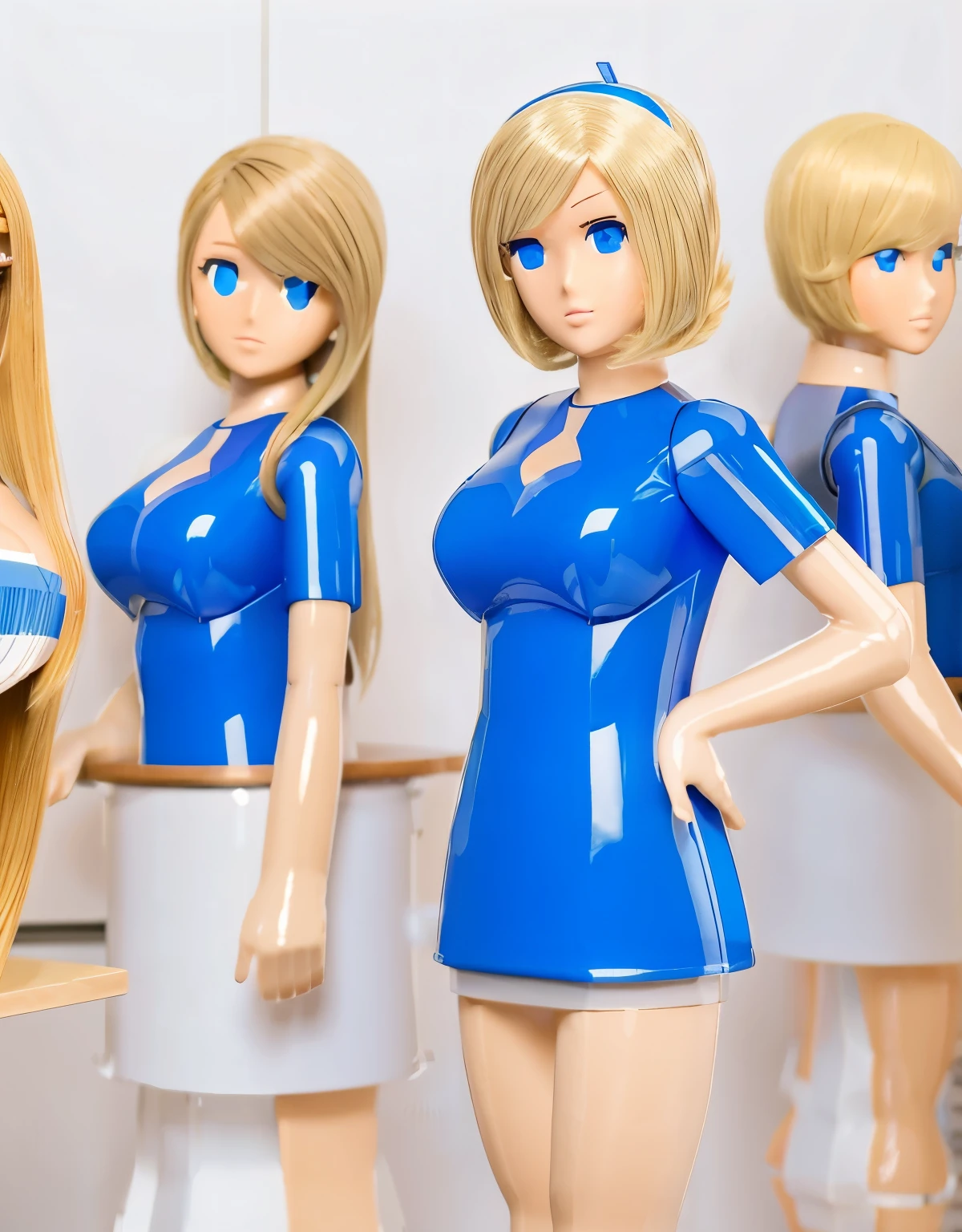 Mass-produced Android housewife assembly line, plastic skin, Blonde hair, blue eyes, blue dress, empty eyes, blank stare, large breasts,