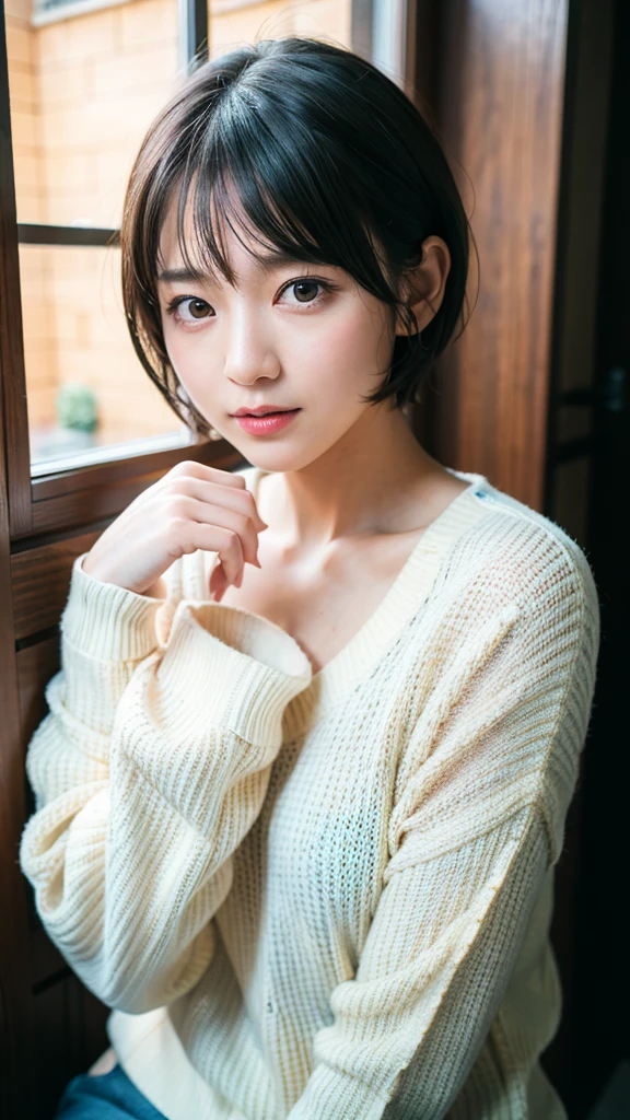 Nikon RAW photo,8 k, Fujifilm XT3,masterpiece, best quality, realistic, photorealistic, ultra detailed,1girl,nvshen, sweater, short hair,