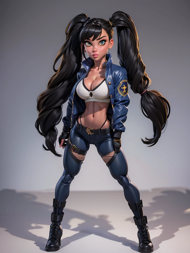 a young girl of average height with long, straight dark hair tied into twintails, golden eyes with white pupils, and a slender yet curvy body. her outfit consists of black panties and bra, a protective outer jacket, a neck protector, dark boots and protective gloves. Parts of her outfit are coated with blue lines. Her torso is open, revealing her entire stomach area and cleavage. Her trousers are also exposed at the buttocks. The sleeves of her jacket appear to be too long for the arms and the buttons are in the shape of cross-like symbols.