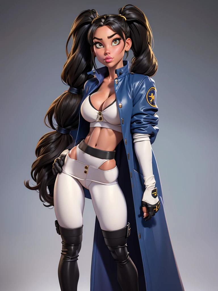 a young girl of average height with long, straight dark hair tied into twintails, golden eyes with white pupils, and a slender yet curvy body. her outfit consists of black panties and bra, a protective outer jacket, a neck protector, dark boots and protective gloves. Parts of her outfit are coated with blue lines. Her torso is open, revealing her entire stomach area and cleavage. Her trousers are also exposed at the buttocks. The sleeves of her jacket appear to be too long for the arms and the buttons are in the shape of cross-like symbols.