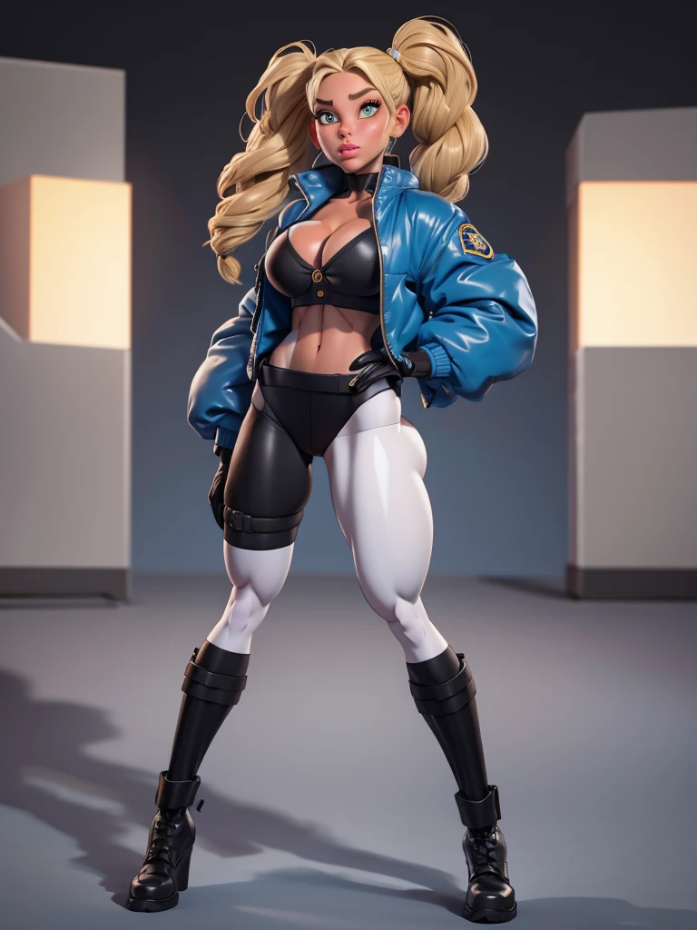 a young girl of average height with long, straight dark hair tied into twintails, golden eyes with white pupils, and a slender yet curvy body. her outfit consists of black panties and bra, a protective outer jacket, a neck protector, dark boots and protective gloves. Parts of her outfit are coated with blue lines. Her torso is open, revealing her entire stomach area and cleavage. Her trousers are also exposed at the buttocks. The sleeves of her jacket appear to be too long for the arms and the buttons are in the shape of cross-like symbols.