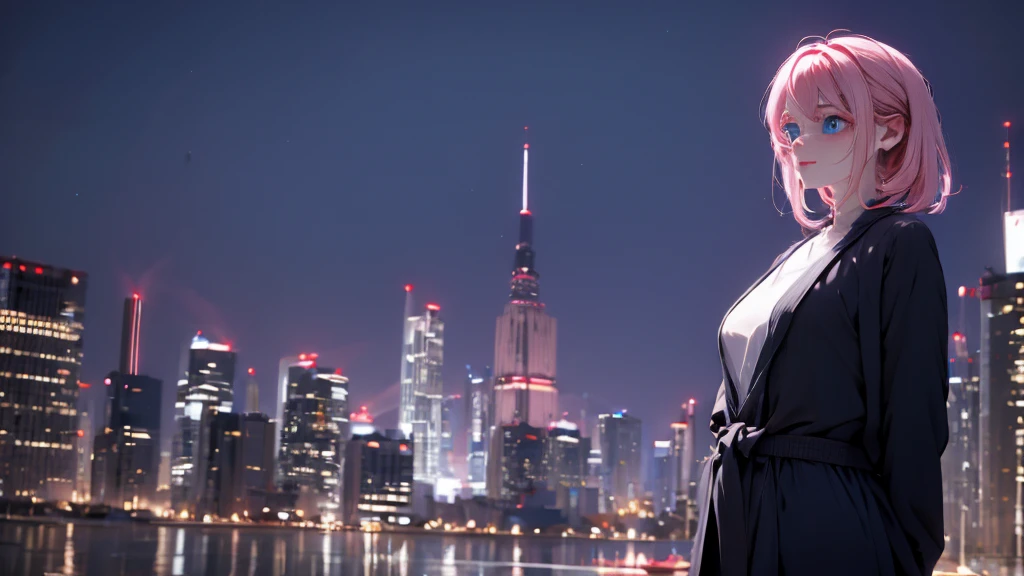 1 girl, medium light pink hair, light blue eyes, wearing black suit 4D, night city, absurdres, high res, ultrasharp, 8K, masterpiece, looking from behind
