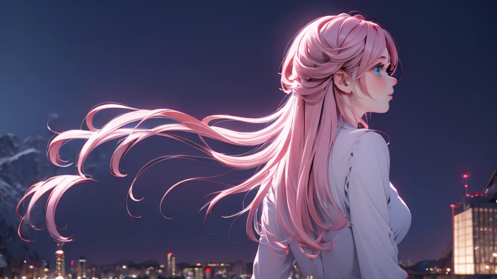 1 girl, medium light pink hair, light blue eyes, wearing black suit 4D, night city, absurdres, high res, ultrasharp, 8K, masterpiece, looking from behind