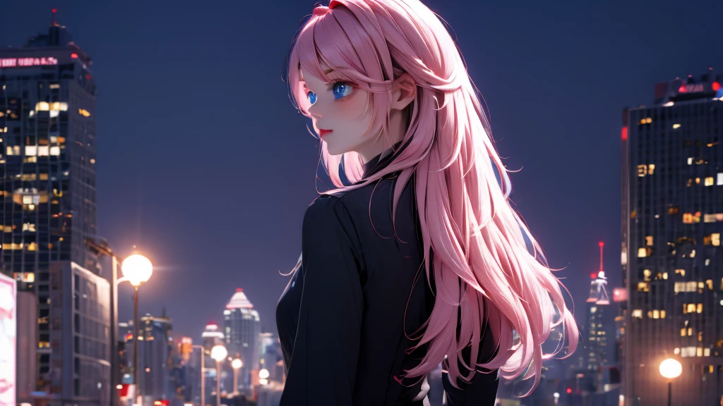 1 girl, medium light pink hair, light blue eyes, wearing black suit 4D, night city, absurdres, high res, ultrasharp, 8K, masterpiece, looking from behind